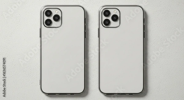 Obraz Two identical light gray smartphones, back view, showcasing a modern camera design.