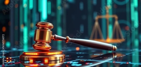 Obraz Futuristic gavel with glowing digital interface; AI law concept,  authority,  legal tech