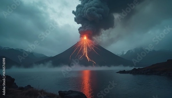 Fototapeta Volcano erupts, spewing lava, smoke into dark, misty sky. Fiery molten rock flows down mountainside towards calm lake. Dramatic geological event creates intense atmosphere, powerful natural forces.