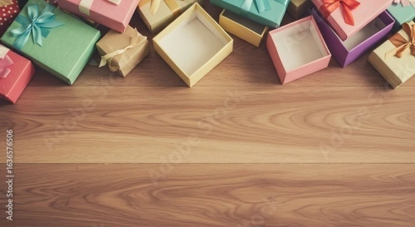 Fototapeta Gifts unwrapped and scattered across bottom border