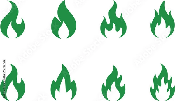 Fototapeta Diverse Green Flame Set A Collection of Stylized Fire Icons Depicting Various Forms of Flames for Design and Creative Projects with Bold Color