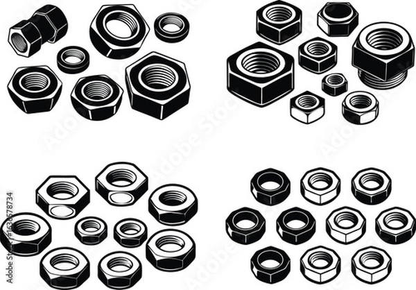 Fototapeta A collection of black and white illustrations of nuts and bolts hardware