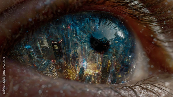 Fototapeta Close-up of an eye with the reflection in it showing a futuristic cityscape, hyper-realistic photography.