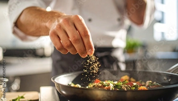 Fototapeta Chef adds aromatic spices to hot, steaming frying pan. Delicious dinner preparing in restaurant kitchen. Culinary art with pepper, herbs and ingredients. Professional cook at work, food concept.