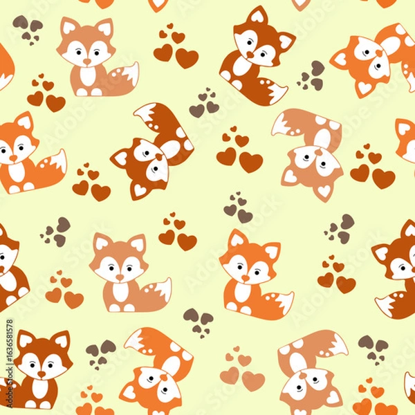 Fototapeta Seamless pattern of cute cartoon foxes with hearts and paw prints on a soft pastel green background. Perfect for kids’ designs, fabrics, scrapbooking, and digital projects.