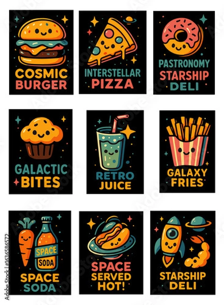 Fototapeta Cosmic Retro Food Vector Icons Featuring Space-Themed Treats at Starship Deli
