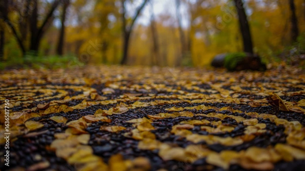 Fototapeta A wide-angle photograph of the ground covered in yellow and black leaves, creating intricate patterns that resemble spirals or circles.