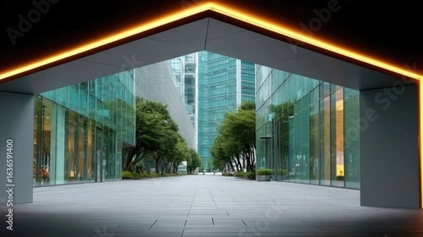 Fototapeta Abstract Neon Light Paths Forming Geometric Shapes in Cityscape