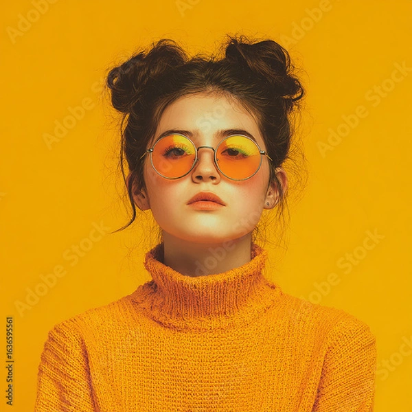 Fototapeta Stylish Young Woman with Orange Sunglasses and Sweater Posing Against a Yellow Backdrop made with generative AI