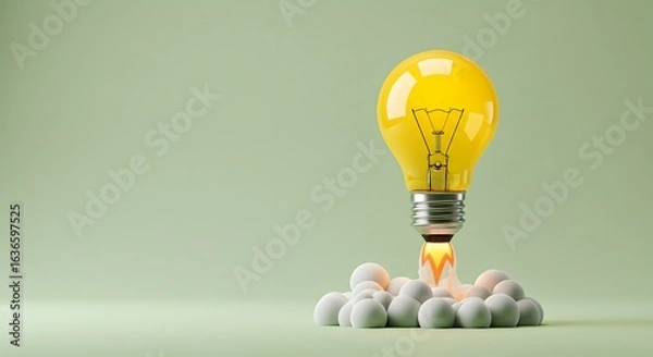 Fototapeta Conceptual illustration of a yellow light bulb designed as a spaceship or rocket