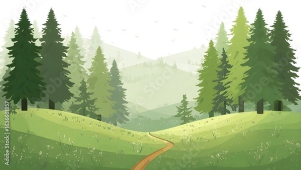 Fototapeta Lush Green Forest with Rolling Hills and Soft Light