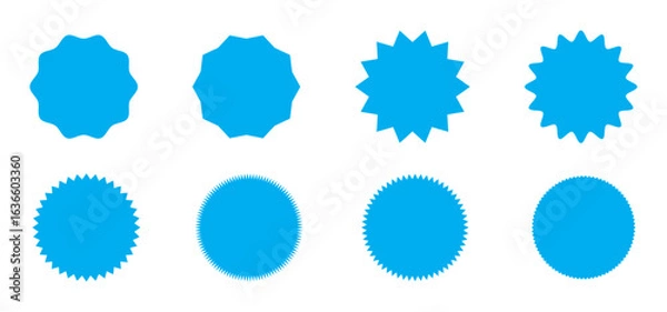 Fototapeta Sunburst sticker shapes. Rounded starburst zigzag badge, spiky oval, circle and star shaped price tag, discount and sale label stickers. Jagged silhouettes vector set.