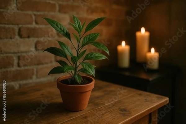 Fototapeta A serene indoor setting with a potted plant on a wooden table, accompanied by three lit candles casting a warm glow against a rustic brick wall