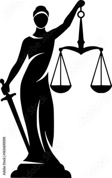 Fototapeta Scales of Justice: A stylized representation of a figure carrying the scales of justice, embodying equilibrium and fairness in a minimalistic black and white design.