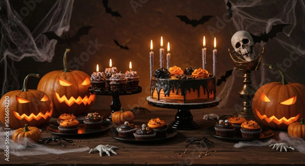 Obraz Halloween cake with burning candles and pumpkins on dark background. Halloween background with pumpkin, skull and candles. Halloween concept.