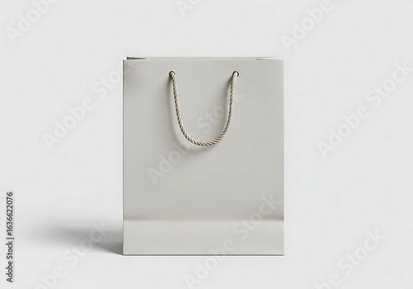 Fototapeta A minimalist white paper shopping bag with a braided rope handle, presented against a clean, light gray background, casting a subtle shadow.