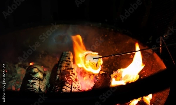 Obraz Roasting marshmallows over an open campfire.