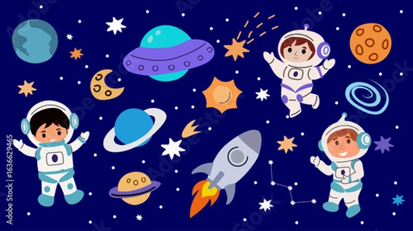 Fototapeta kids astronaut space elements little cosmonauts funny children in spacesuits ufo alien rocket planets childish background cartoon