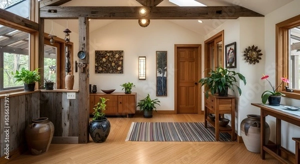 Fototapeta Rustic entryway with hardwood floors, exposed beams, and eclectic decor featuring plants and artwork.