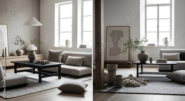 Fototapeta Modern minimalist living room interior design showcasing neutral tones, low seating, and natural elements.