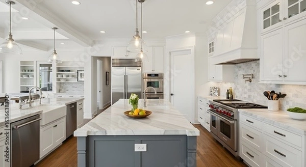 Fototapeta Bright, spacious kitchen with white cabinets, marble countertops, and a large island.
