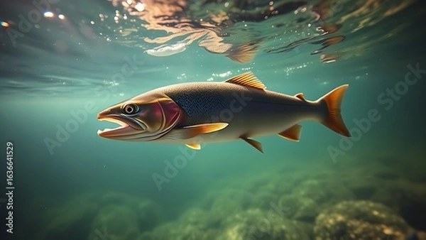 Fototapeta A trout swimming gracefully in a clear river, illuminated by sunlight filtering through the water.