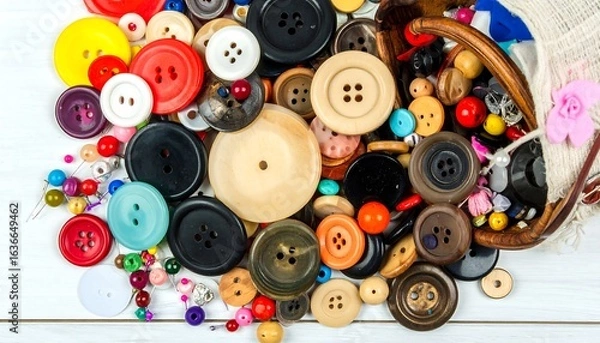 Obraz Assortment of Colorful Buttons and Sewing Accessories Overflowing from a Basket