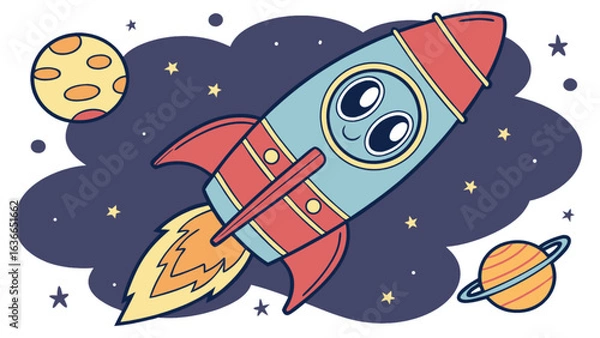 Fototapeta Cartoon rocket ship with big eyes flying in space with planets and stars in the background illustration