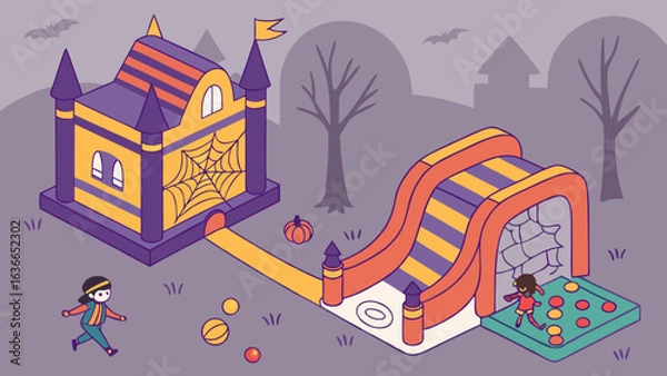 Fototapeta Children enjoy a spooky halloween themed inflatable bounce house and slide attraction with pumpkins and bats in a park setting