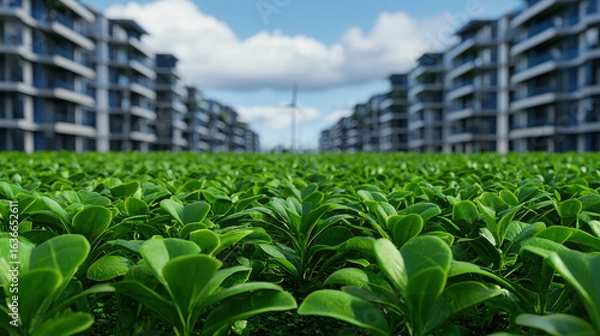 Fototapeta Lush Green Plants in Urban Setting with Modern Apartments and Wind Turbines Under Bright Blue Sky with Fluffy Clouds in the Background
