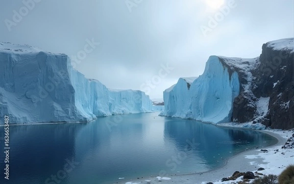 Fototapeta Distant Icy Cliffs Under Moody Cloudy Sky. High quality