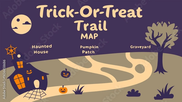 Fototapeta Halloween trick or treat trail map featuring a haunted house pumpkin patch and graveyard with a spooky moon and tree