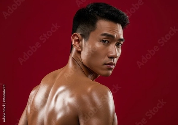 Fototapeta A tan muscular man with dark hair glances back over his glistening bare shoulder against a dark red backdrop