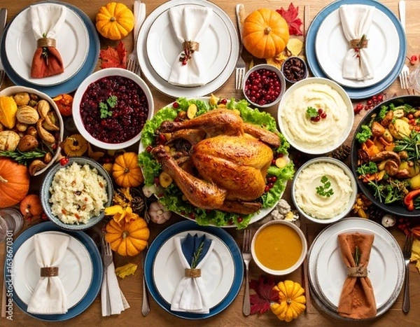 Obraz  Thanksgiving Feast with Overhead View
