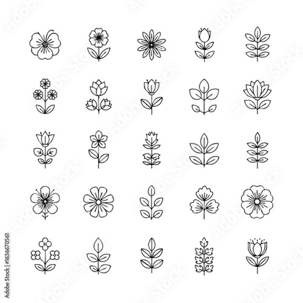 Fototapeta Collection of 25 minimalist floral line art icons, perfect for branding, logos, and design projects needing simple botanical illustrations; download now.
