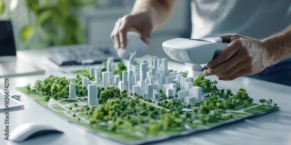 Fototapeta Engineer civil simulation Concept. Modeling an urban landscape with a 3D model and technology in a design workspace.