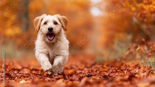 Fototapeta A joyful dog runs through a forest path covered in vibrant autumn leaves, showcasing the beauty of the season.