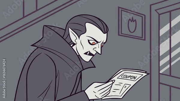 Fototapeta A classic vampire with pointed ears and red eyes intently reads a coupon perhaps looking for a discount on blood or coffin polish