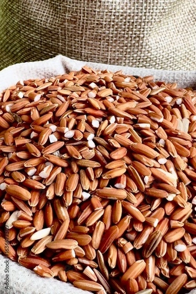 Fototapeta Brown rice grains with the outer husk partially removed, the rice grains are a dark reddish brown in color, some grains have small cracks or chips, revealing the white starch inside.