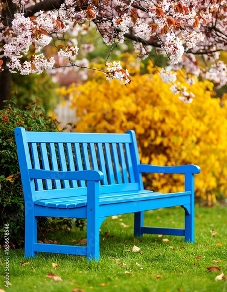Obraz Blue park bench under cherry blossoms