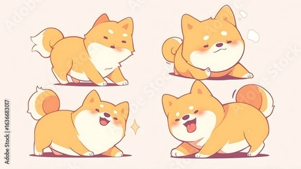 Fototapeta Kawaii Shiba Inu dogs in various poses. Hand drawn sticker vector set