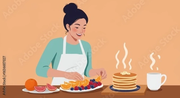 Fototapeta Happy woman prepares pancakes with oranges and blueberries and enjoys a hot coffee on a cozy morning