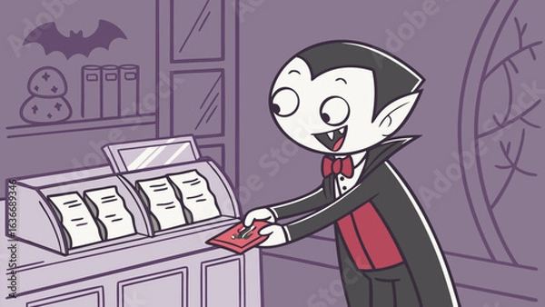 Fototapeta A cheerful cartoon vampire in a tuxedo and cape is at a counter holding a red envelope and looking at a display of papers
