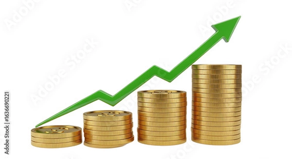 Fototapeta Visual Representation of Financial Growth Through Stacked Gold Coins and Upward Trending Green Arrow Illustrating Positive Economic Performance