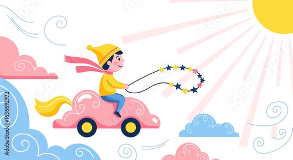 Fototapeta Boy Driving a Cloud Car with Stars in a Fantasy Sky Illustration