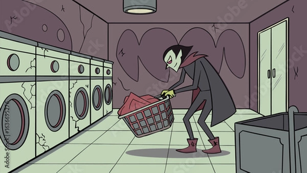 Fototapeta A cartoon vampire with green skin and a cape is doing laundry in a rundown laundromat pushing a basket of clothes