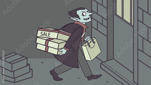 Fototapeta A cheerful vampire with pointed ears and a sly grin walks with shopping bags and boxes labeled sale near a building entrance