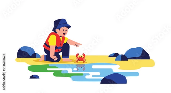 Fototapeta Child's Discovery At The Beach Joyful Exploration With A Crab On A Summer Day