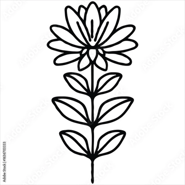 Fototapeta Stylized Flower Illustration Simple Black and White Blossom with Leaves and Stem for Botanical Designs and Floral Compositions