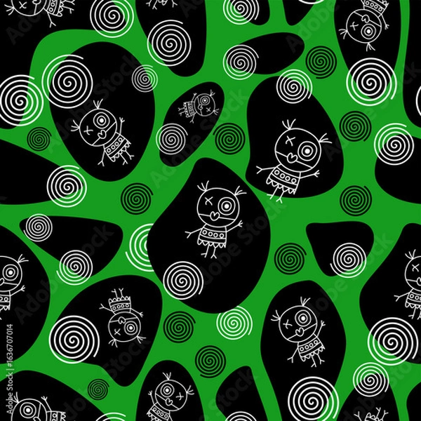 Fototapeta Seamless tribal-style pattern featuring whimsical cartoon doodle characters and spiral symbols on abstract black shapes with a rich green background. Ideal for kids’ design, textiles, modern decor